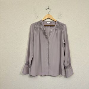 NWOT ECRU L/S Beaded Washable Silk Button-Up Shirt Pleated in Smokey Purple